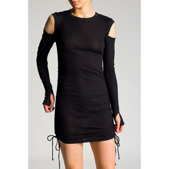 Helmut Lang Black Bodycon Rib Lacing Long Sleeve Dress Thumb Holes Medium - Picture 3 of 13